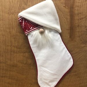 Gnome Stocking Christmas Red Embroidered Geometric Design Linen Gift Santa